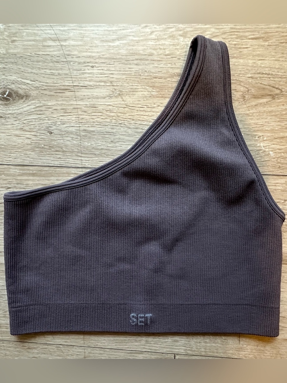 SET Active One-Shoulder Sculpt Flex Ribbed Bralette in Brown -sports Bra